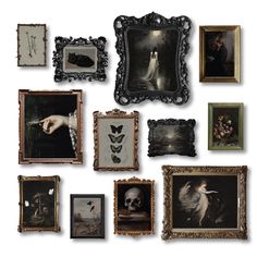 an assortment of framed and unframeed art pieces