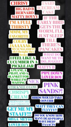 a poster with many different types of words on the side of it, including names and phrases