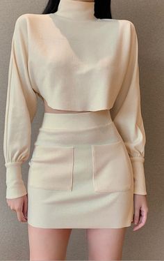 White Sexy Turtleneck Outfit. It is sexy, comfy and classy. Good for formal and party wear. For elegant ladies, teens and women. It is street style and fitted in any outfit. Crop Top Outfits, High Neck Long Sleeve, Pastry Chef, Kpop Fashion Outfits, Short Skirt, Korean Outfits, Kpop Fashion, Teen Fashion Outfits, Cute Casual Outfits