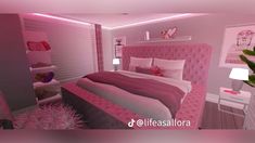 a bedroom with pink furniture and decorations