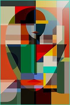 an abstract painting with multiple colors and shapes in the middle, including a woman's face