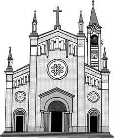 a black and white drawing of a church