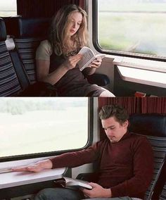 two pictures of a man and woman sitting next to each other on a train reading books