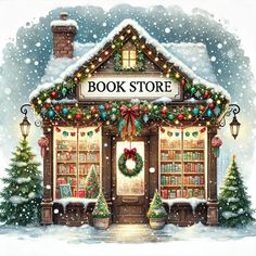 Christmas Bookstore Aesthetic, Christmas Book Aesthetic, Christmas Bookstore, Fall Screensavers, Store Illustration, Christmas Theme Ideas, Vintage Christmas Pictures, Reading Pictures, Winter Whimsy