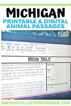 the front page of michigan printable and digital animal passages with text overlay