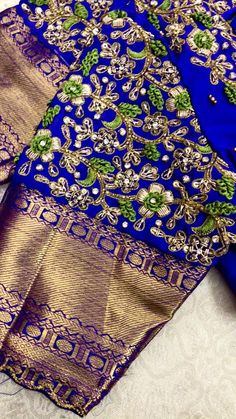 Green And Blue Blouse Designs, Royal Blue Blouse Designs Pattu, Royal Blue Maggam Work Blouse Designs, Wedding Pattu Sarees Brides, Green Blouse Designs, Blouse Designs Catalogue