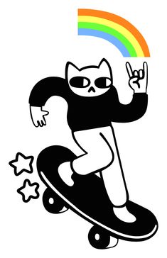 a skateboarder is riding down the street with a cat on his board and rainbow in