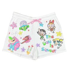 Power Puff Girls Officially Licensed Graffiti Art Shorts Nwt Size Xxl Flat Lay Waist 17” Rise 13.5” Inseam 4” Length 17” Power Puff Girls All-Over Print Drawstring Adjustable Waist Poly/Cotton Blend Machine Washable Fun White Bottoms For Spring, Summer Casual Bottoms With Cartoon Print, Playful White Cotton Pajama Shorts, Playful Cartoon Print Shorts For Summer, Cute Cotton Bottoms With Cartoon Print, Casual Bottoms With Cartoon Print For Spring, Casual Spring Bottoms With Cartoon Print, Playful White Summer Bottoms, Cute White Short Length Shorts