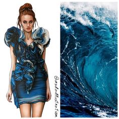 a woman in a blue dress standing next to an image of a wave