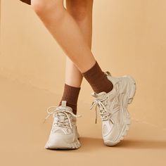 These sneakers made from synthetic Leather feature the chunky sole style and round toe design. Easy to wear. Upper: Synthetic Leather+Mesh+KPU Lining: 100% Mesh Insole: 100% Sheepskin Outsole: 100% PVC Sole Thickness: 6 cm Weight: 1kg Chunky Sole Shoes, Chunky Shoes, Mesh Sneakers, Sneakers For Women, Lace Up Sneakers, Boot Pumps, Platform Sneaker, Sole Shoes, Chunky Sneakers