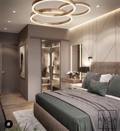 a bedroom with a bed, closet and dressing area