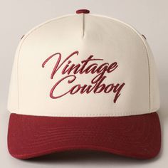 Vintage Cowboy Embroidery Two-Tone Baseball Cap - "Vintage Cowboy" Text Embroidery - 5 Panel Canvas Baseball Cap - 100% Cotton - Adjustable Buckle Closure - Embroidered In USA *One Size Fits All - Adjustable Strap Makes Fit Comfortable.* The VANTAGE Two-Tone Embroidery Trucker Hat blends style and functionality with its distinctive design. The hat features a two-tone color scheme, combining a vibrant or contrasting color on the front panels with a complementary. The embroidered detailing on the Retro Cotton Trucker Hat With Letter Print, Vintage Trucker Hat With Letter Print And Curved Brim, Vintage Brown Trucker Hat With Letter Print, Vintage Trucker Hat With Letter Print, Vintage Cotton Snapback Hat With Embroidered Logo, Vintage Letter Print Trucker Hat, Vintage Brown Baseball Cap With Embroidered Logo, Vintage Cotton Trucker Hat With Curved Bill, Vintage White Trucker Hat For Baseball Season