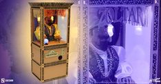 an image of a man in a costume next to a display case with jewelry on it