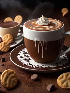 two cups of hot chocolate with whipped cream on top and cookies around the rims