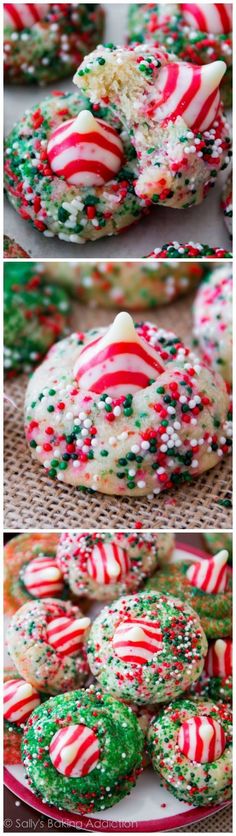 christmas cookies with sprinkles and candy canets on them are ready to be eaten