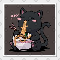 a black cat eating ramen with chopsticks in its mouth and eyes closed