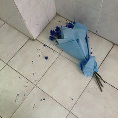 blue flowers are laying on the floor next to a tile wall