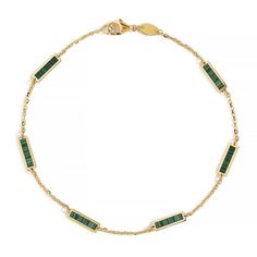 Semi-Precious Malachite Bars adorn a minimal 14K Solid Yellow Gold chain. The perfect gift for May birthdays 14K Solid Gold Malachite Semi-precious stone Hypoallergenic, lead and nickel free Chain Thickness 1mm Bar Accents 9mm x 3mm Chain Length: 6in (15.2cm), 6.5in (16.5cm), 7in (17.8cm) Chain Lengths under 7 inches will have 5 bar accents #BS080 gemstone-bar-bracelet-lapis-lazuli-14k-gold gemstone-bar-bracelet-onyx-14k-gold gemstone-bar-bracelet-malachite-14k-gold gemstone-bar-bracelet-rose-qu Amyo Jewelry, May Birthdays, Gold Arm Band, Solid Gold Bracelet, Bar Bracelet, Gold Armband, Green Hues, Bar Bracelets, Yellow Gold Chain