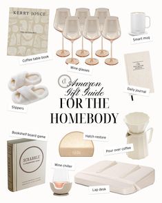 the contents of a champagne gift set for the home body, including wine glasses, soaps and other items