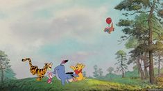 winnie the pooh and friends flying in the sky with red balloons above their heads