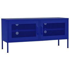 a blue tv stand with two drawers on one side and an open door on the other