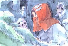 a drawing of a person wearing a red hoodie in the woods with other people