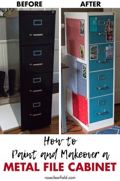 a metal file cabinet before and after being painted