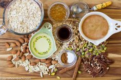 the ingredients to make an oatmeal smoothie laid out on a wooden table