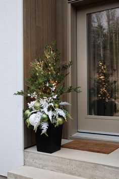 a potted christmas tree sitting on the front step of a house with white and green decorations