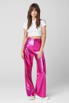 Franklin Vegan Leather Pant With Knee Seam[55% Polyurethane, 45% Polyester] Chic Pink Leather Pants For Spring, Modern Faux Leather Bottoms For Spring, Spring Modern Faux Leather Bottoms, Trendy Fitted Pink Leather Pants, Spring Wide Leg Shiny Bottoms, Shiny Wide Leg Bottoms For Spring, Wide Leg Shiny Bottoms For Spring, Fall Shiny Straight Leg Bottoms, Chic Shiny Pants For Fall