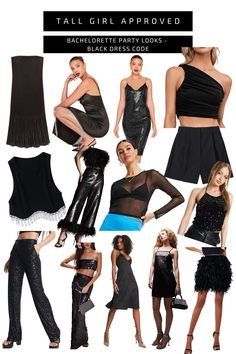 Bachelorette Party Guest Outfits for an all black dress code All Black Outfit Bachelorette Night Out, Bachelorette Party Black Outfit, Bachelorette Party Guest Outfit, Black And White Bachelorette Outfits, Black Bachelorette Party Outfit, Party Guest Outfit, Bachelorette Party Outfit Black