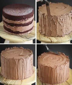 four different pictures of a chocolate cake with frosting and icing being cut into it