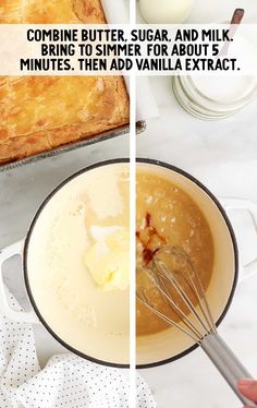 two pictures showing how to make butter, sugar and milk mixtures in a skillet