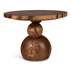 a wooden table with two small round bases on it's legs and one large piece of wood at the top