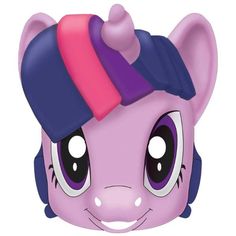 a pink pony with big eyes and a purple hat on it's head is looking at the camera