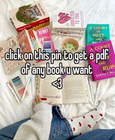 a person laying on top of a bed next to books and pencils with the caption click on this pin to get a copy of any book i want 3