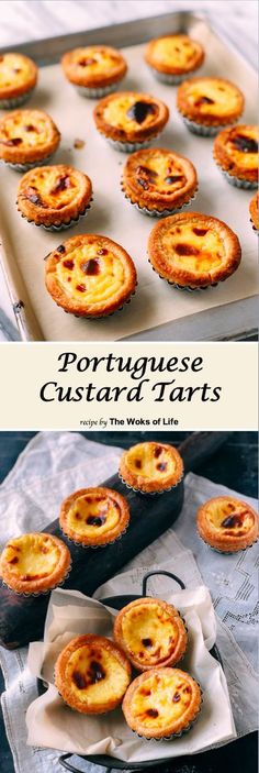 portuguese custard tarts on a baking sheet with the title text overlay