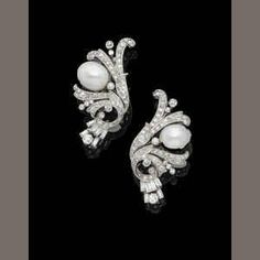 Each 12.2mm cultured pearl within a stylized floral and foliate surround, set throughout with cushion-shaped, old brilliant, baguette, single and rose-cut diamonds Baguette Earrings, Jewelry Casket, Pearl Jewels, Pearl And Diamond Ring, Pearl And Diamond Earrings, Diamond Bangle, Fabulous Jewelry, Antique Earrings, Gorgeous Jewelry