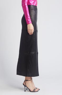 Prepare to shine in this sleek coated-twill maxi skirt designed in dazzling metallic shimmer. Unlined 95% rayon, 5% spandex Dry clean Made in the USA Sleek Maxi Skirt For Night Out, Sleek Maxi Skirt For Spring Party, Sleek Spring Maxi Skirt, Sleek Maxi Skirt For Spring, Sleek Long Pencil Skirt For Night Out, Sleek Maxi Skirt, Sleek Full-length Skirt For Night Out, Sleek Full Length Skirt For Night Out, Full-length Lined Pencil Skirt For Party