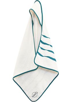 a white and blue towel with green trim