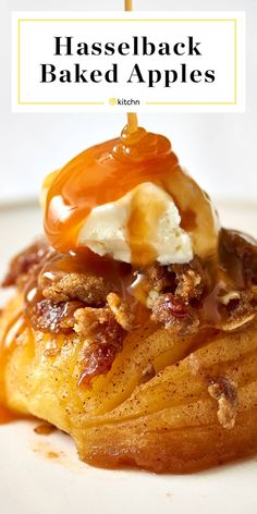 an apple dessert with ice cream and caramel drizzled on the top