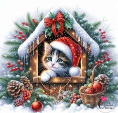 a painting of a kitten in a house with christmas decorations