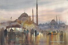 a painting of people walking in front of a building with many spires and domes