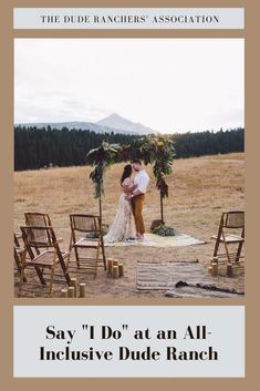 an image of a couple getting married in the middle of a field with chairs around them