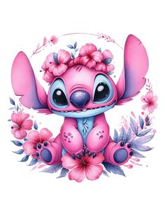 a pink and blue cartoon character with flowers on it's head, sitting in front of