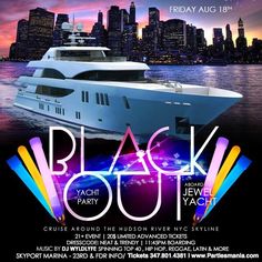 an advertisement for a yacht party with a boat in the water and cityscape behind it