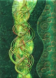 an abstract painting with green and gold colors