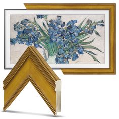 an advertisement for samsung's the frame, featuring blue flowers in a gold frame