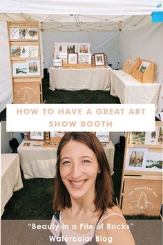 a woman standing in front of a table with pictures on it and the words how to have a great art show booth