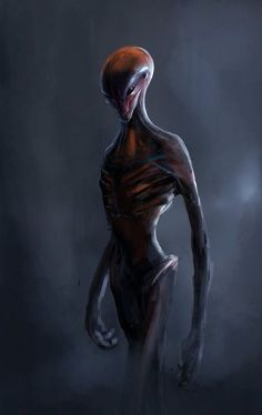 an alien is standing in the dark with his head turned to the side and hands on his hips